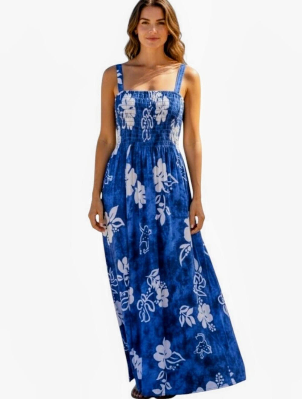 New Desert Shores Blue Dress with White Floral Print Maxi/Midi Sz. M
